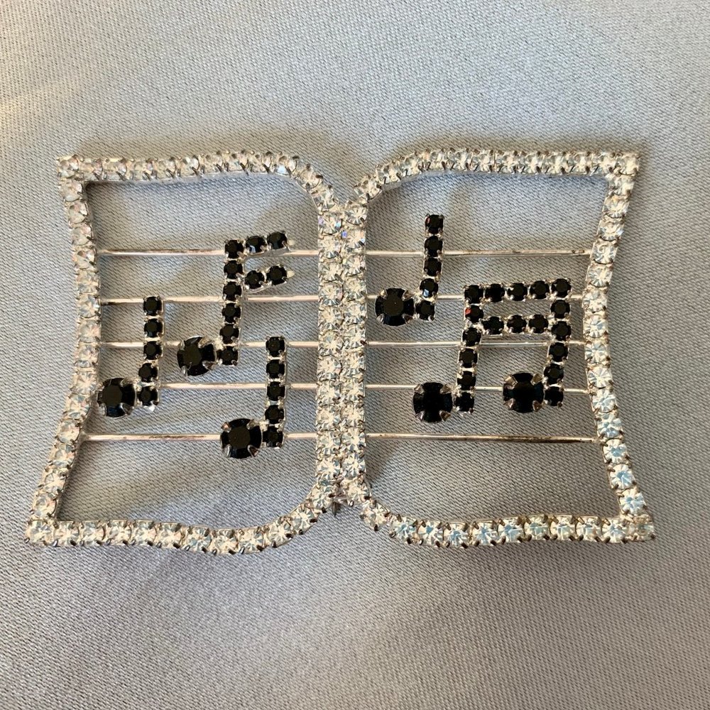 Large Retro Sheet Music Brooch Black/Clear Rhinestone Notes Silvertone